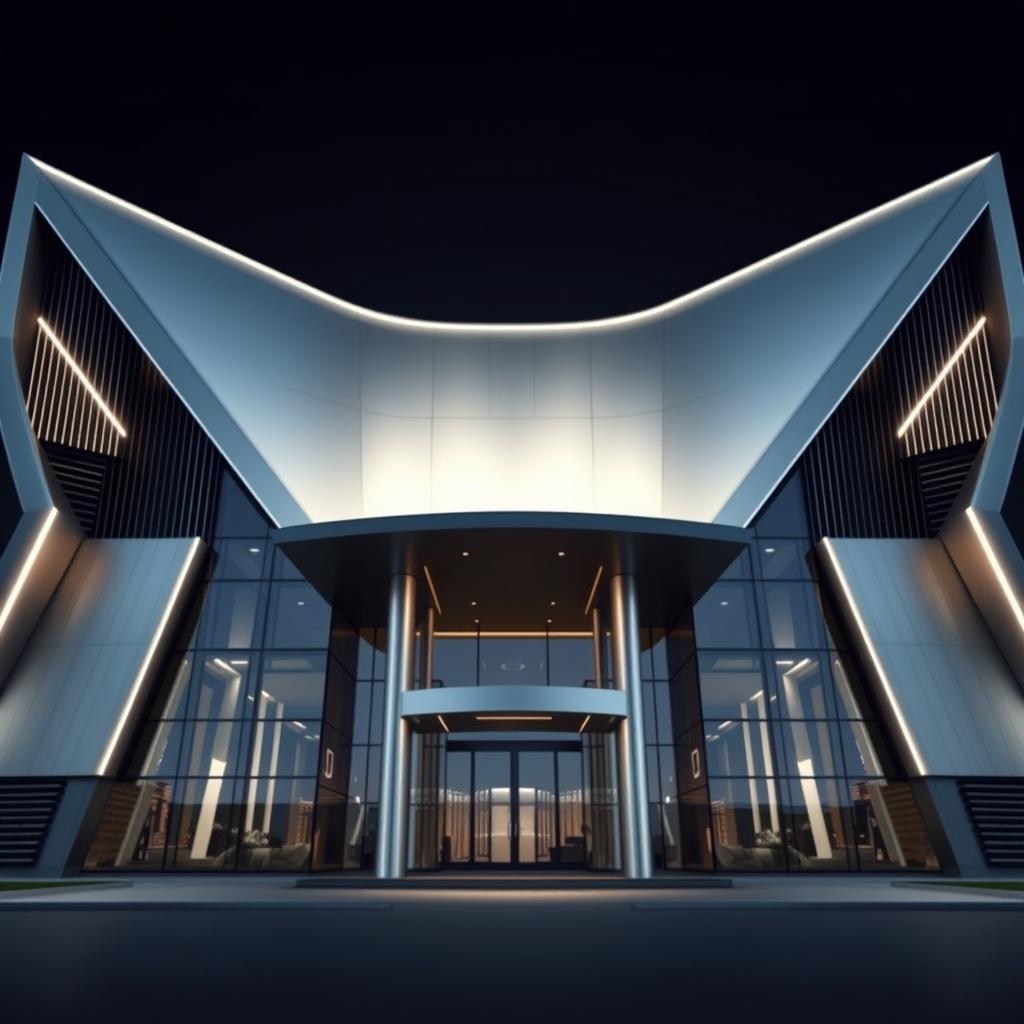 A striking architectural design, front elevation mimicking the V-shape of a V12 engine, showcasing angular and sloping facades that converge towards the center creating a dynamic visual effect
