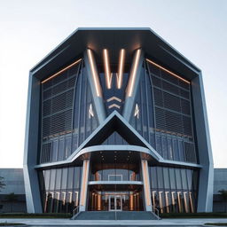 A striking architectural design, front elevation mimicking the V-shape of a V12 engine, showcasing angular and sloping facades that converge towards the center creating a dynamic visual effect