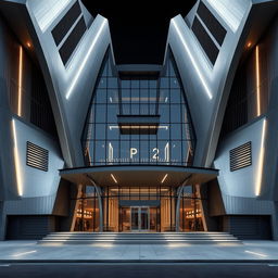 A striking architectural design, front elevation mimicking the V-shape of a V12 engine, showcasing angular and sloping facades that converge towards the center creating a dynamic visual effect