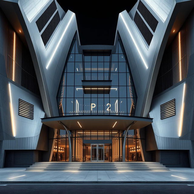 A striking architectural design, front elevation mimicking the V-shape of a V12 engine, showcasing angular and sloping facades that converge towards the center creating a dynamic visual effect
