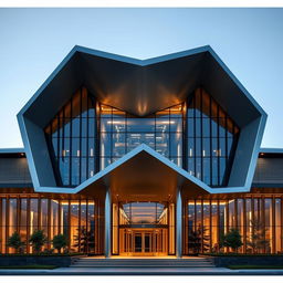A striking architectural design, front elevation mimicking the V-shape of a V12 engine, showcasing angular and sloping facades that converge towards the center creating a dynamic visual effect