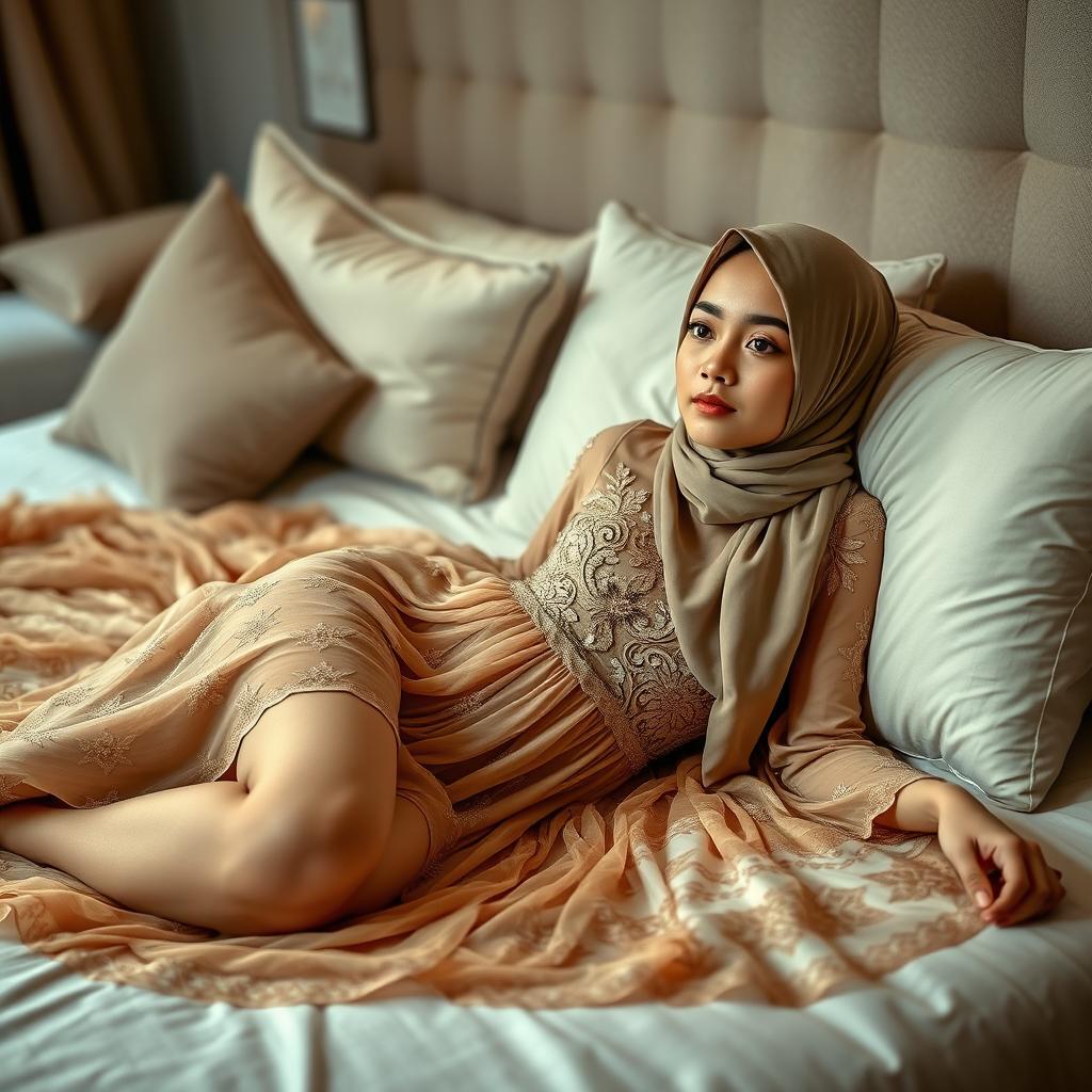 A gorgeous girl wearing a beautiful night mesh dress, elegantly sprawled on a plush bed