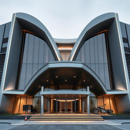 A modern architectural design featuring a front elevation inspired by the V-shape of a V12 engine