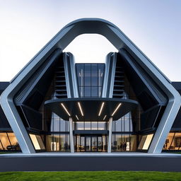 A modern architectural design featuring a front elevation inspired by the V-shape of a V12 engine