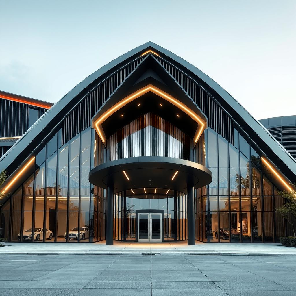 A modern architectural design featuring a front elevation inspired by the V-shape of a V12 engine