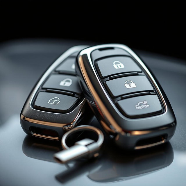 A close-up photograph of a car key fob, highlighting the intricate details of the key's buttons and branding, with a second identical key fob positioned parallel to the first, creating the illusion of two identical keys