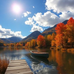 A picturesque autumn landscape featuring a serene lake surrounded by vibrant fall foliage with trees displaying shades of orange, red, and yellow