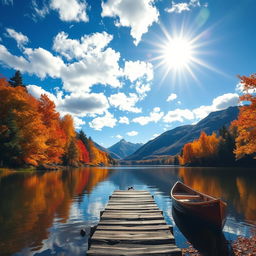 A picturesque autumn landscape featuring a serene lake surrounded by vibrant fall foliage with trees displaying shades of orange, red, and yellow