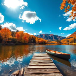 A picturesque autumn landscape featuring a serene lake surrounded by vibrant fall foliage with trees displaying shades of orange, red, and yellow
