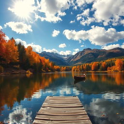A picturesque autumn landscape featuring a serene lake surrounded by vibrant fall foliage with trees displaying shades of orange, red, and yellow