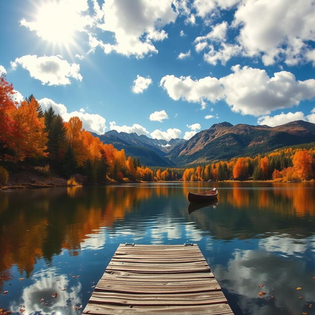 A picturesque autumn landscape featuring a serene lake surrounded by vibrant fall foliage with trees displaying shades of orange, red, and yellow