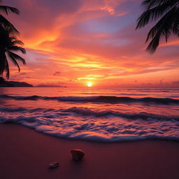 A stunning sunset over a tranquil beach, with waves gently rolling onto the shore