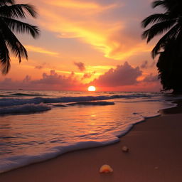 A stunning sunset over a tranquil beach, with waves gently rolling onto the shore
