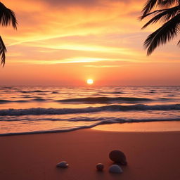 A stunning sunset over a tranquil beach, with waves gently rolling onto the shore