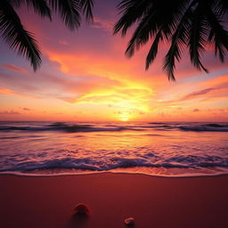 A stunning sunset over a tranquil beach, with waves gently rolling onto the shore