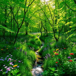 A breathtaking view of a lush green forest during springtime, filled with vibrant wildflowers in a variety of colors such as purple, yellow, and red