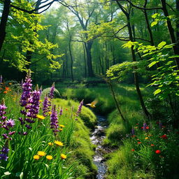 A breathtaking view of a lush green forest during springtime, filled with vibrant wildflowers in a variety of colors such as purple, yellow, and red