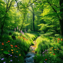 A breathtaking view of a lush green forest during springtime, filled with vibrant wildflowers in a variety of colors such as purple, yellow, and red