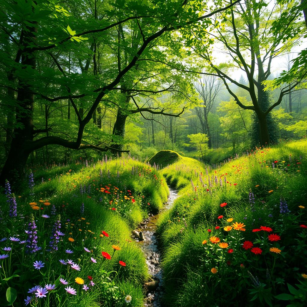 A breathtaking view of a lush green forest during springtime, filled with vibrant wildflowers in a variety of colors such as purple, yellow, and red