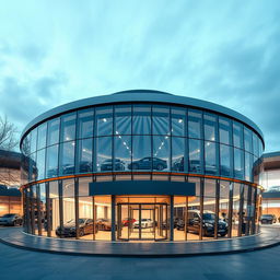 An architectural design of a circular or semi-circular car showroom, inspired by the shape of a wheel