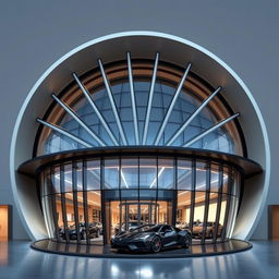 An architectural design of a circular or semi-circular car showroom, inspired by the shape of a wheel