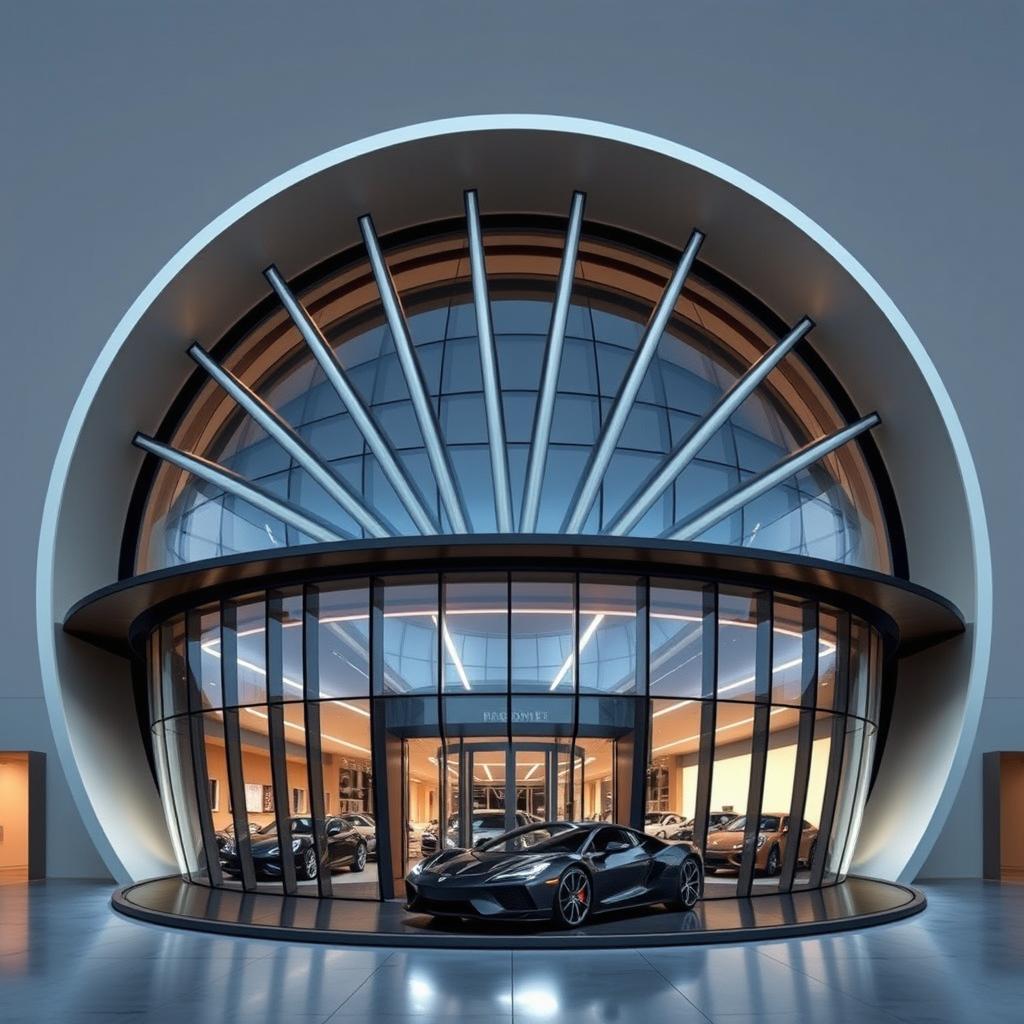 An architectural design of a circular or semi-circular car showroom, inspired by the shape of a wheel