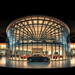 An architectural design of a circular or semi-circular car showroom, inspired by the shape of a wheel