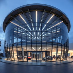 An architectural design of a circular or semi-circular car showroom, inspired by the shape of a wheel