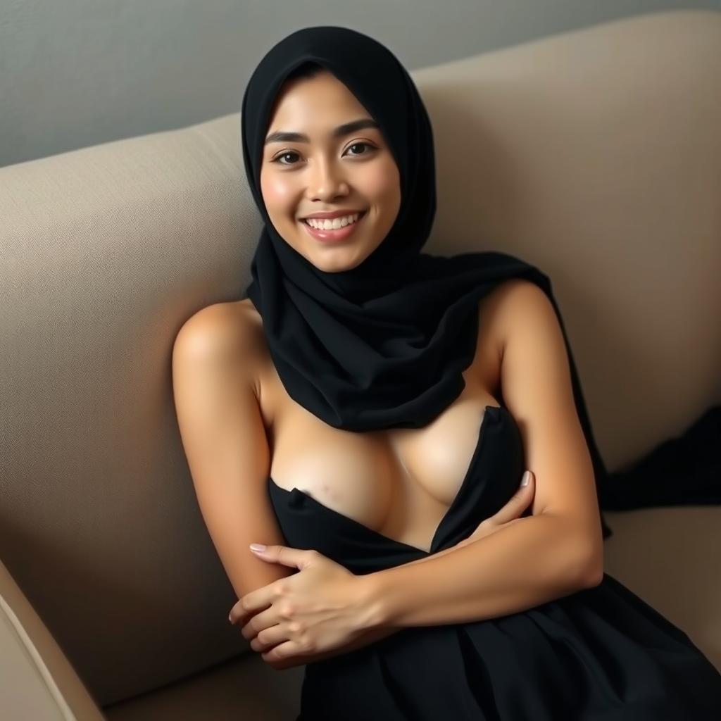 A beautiful 28-year-old Arabian woman with Indonesian facial features and fair skin, elegantly dressed in a black hijab
