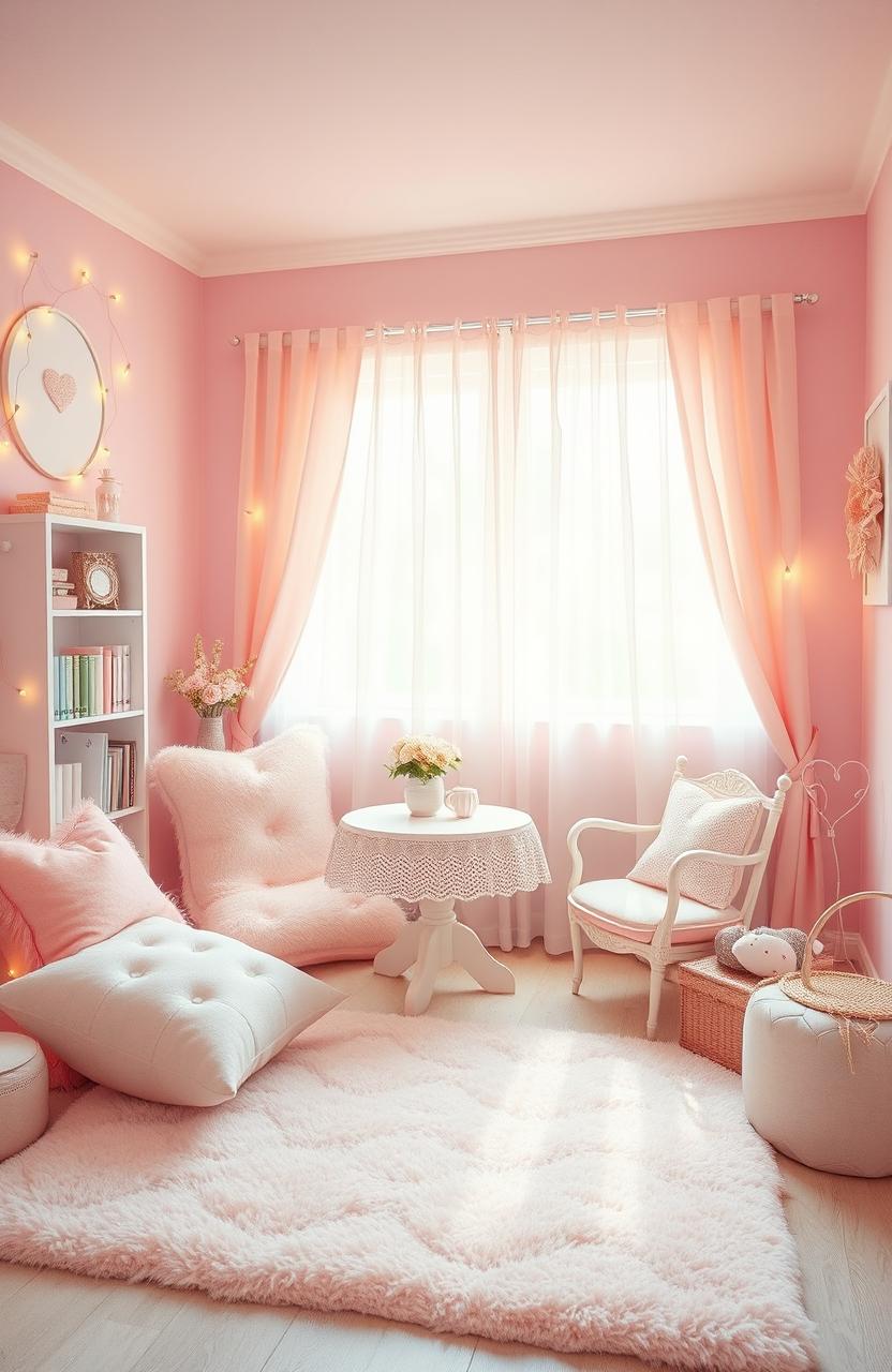 A whimsical and charming scene featuring cute pastel pink elements