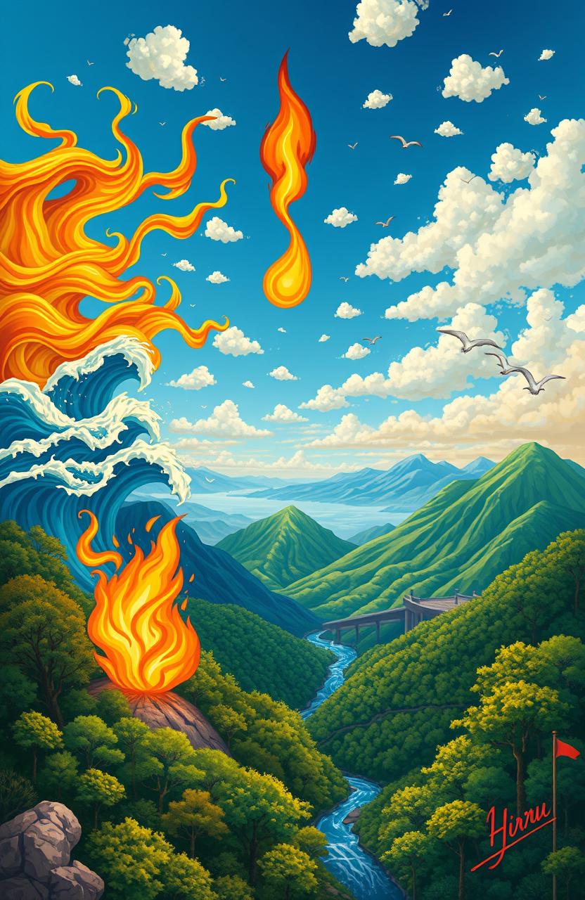 A vibrant and striking representation of the five elements in Hindu philosophy: Jal (Water) depicted as flowing rivers and ocean waves, Agni (Fire) illustrated with bright flames and sparks, Akash (Sky) shown as a vast blue expanse with scattered fluffy clouds, Prithvi (Earth) represented with lush green forests and mountains, and Vayu (Air) illustrated as flowing winds visible in swaying trees and flying birds