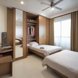 A well-furnished bedroom including a comfortable bed, a mirror table, a study table, a ceiling fan, a rack for knickknacks, and a spacious wardrobe.