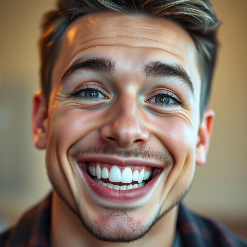 A close-up portrait of a man with a wide, charismatic smile showcasing his sharp, long teeth