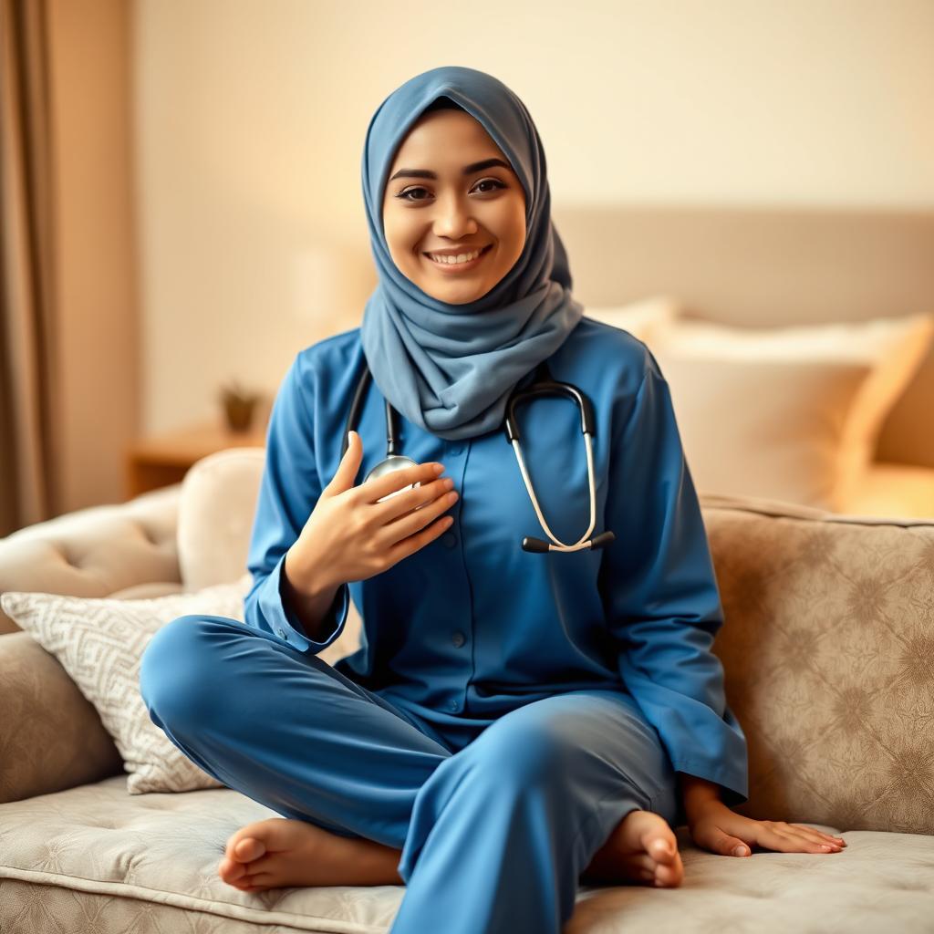 A beautiful and sweet hijab-wearing female doctor, fully covered, sitting on a plush sofa with a playful demeanor, dressed in a blue outfit