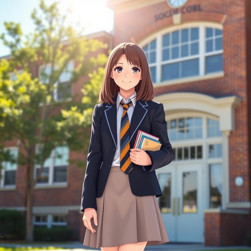 A high school scene featuring a girl in a stylish high school uniform, standing confidently in front of the school building