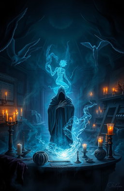 A dark fantasy scene titled "Angel Maker" depicting a mysterious and ominous workshop filled with supernatural elements