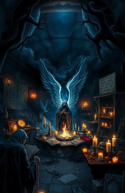 A dark fantasy scene titled "Angel Maker" depicting a mysterious and ominous workshop filled with supernatural elements
