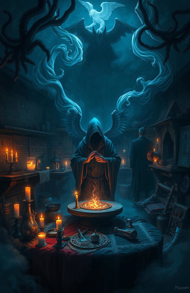 A dark fantasy scene titled "Angel Maker" depicting a mysterious and ominous workshop filled with supernatural elements