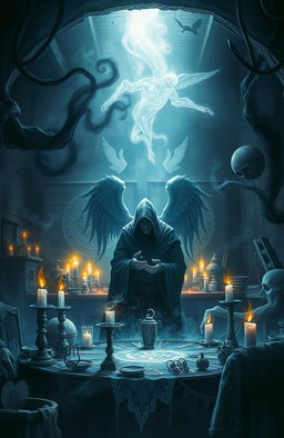 A dark fantasy scene titled "Angel Maker" depicting a mysterious and ominous workshop filled with supernatural elements
