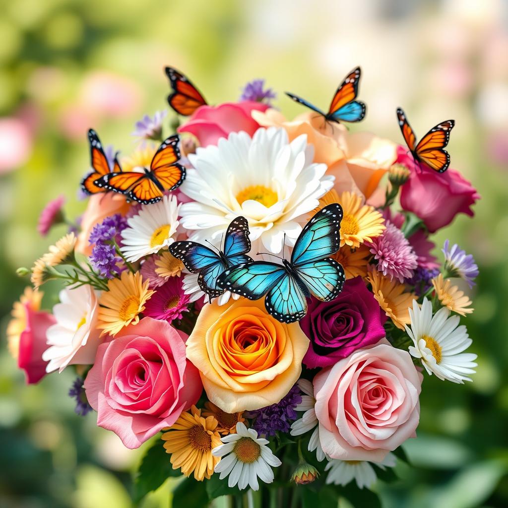 A vibrant bouquet of assorted flowers including roses and daisies, elegantly arranged together, with colorful butterflies delicately resting on the petals, creating a lively and cheerful scene