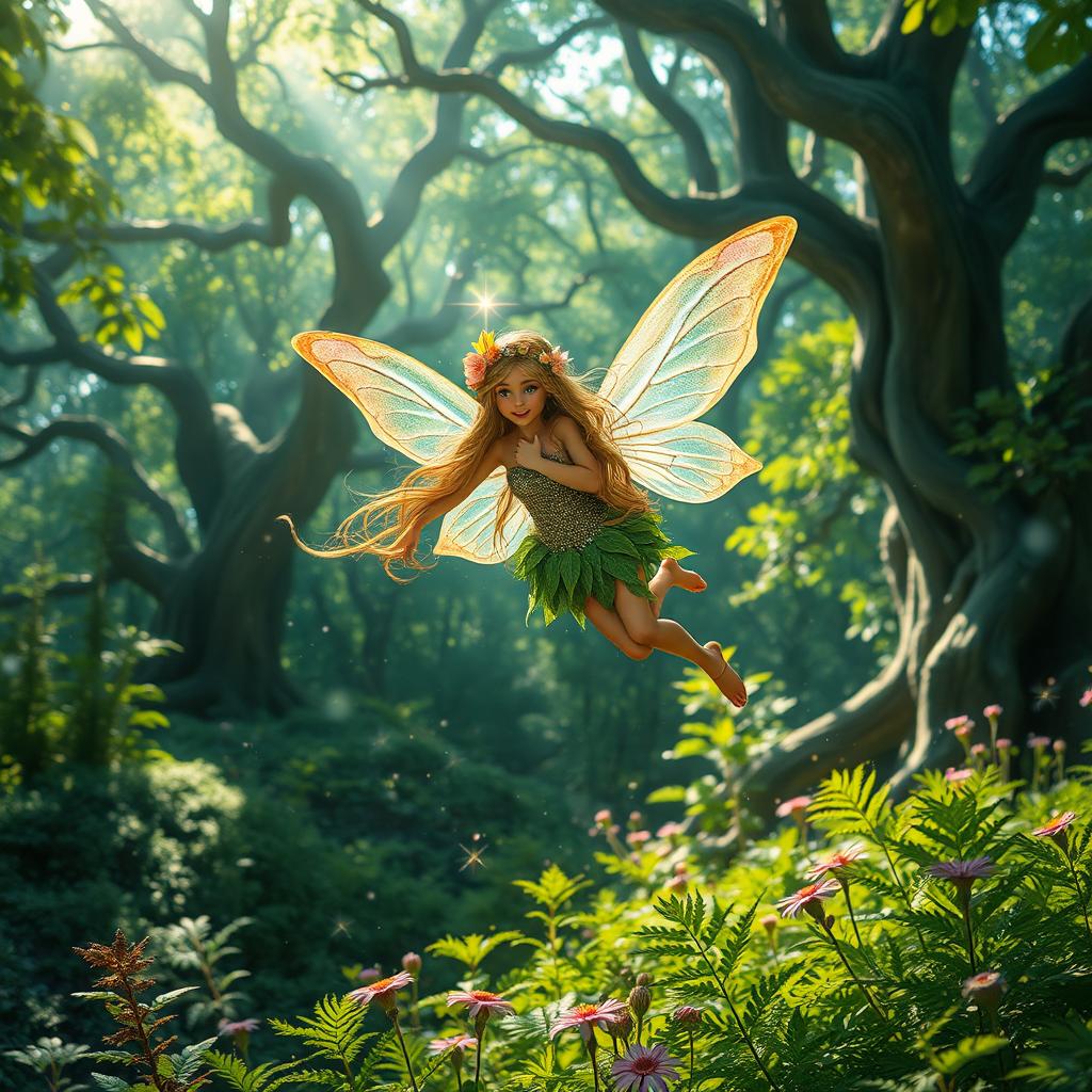 A whimsical fairy with delicate, iridescent wings hovering above a lush, vibrant forest