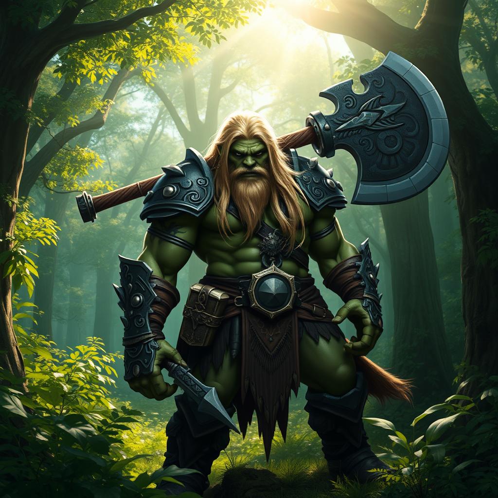 A formidable blonde orc warrior standing proudly in a lush, fantasy forest