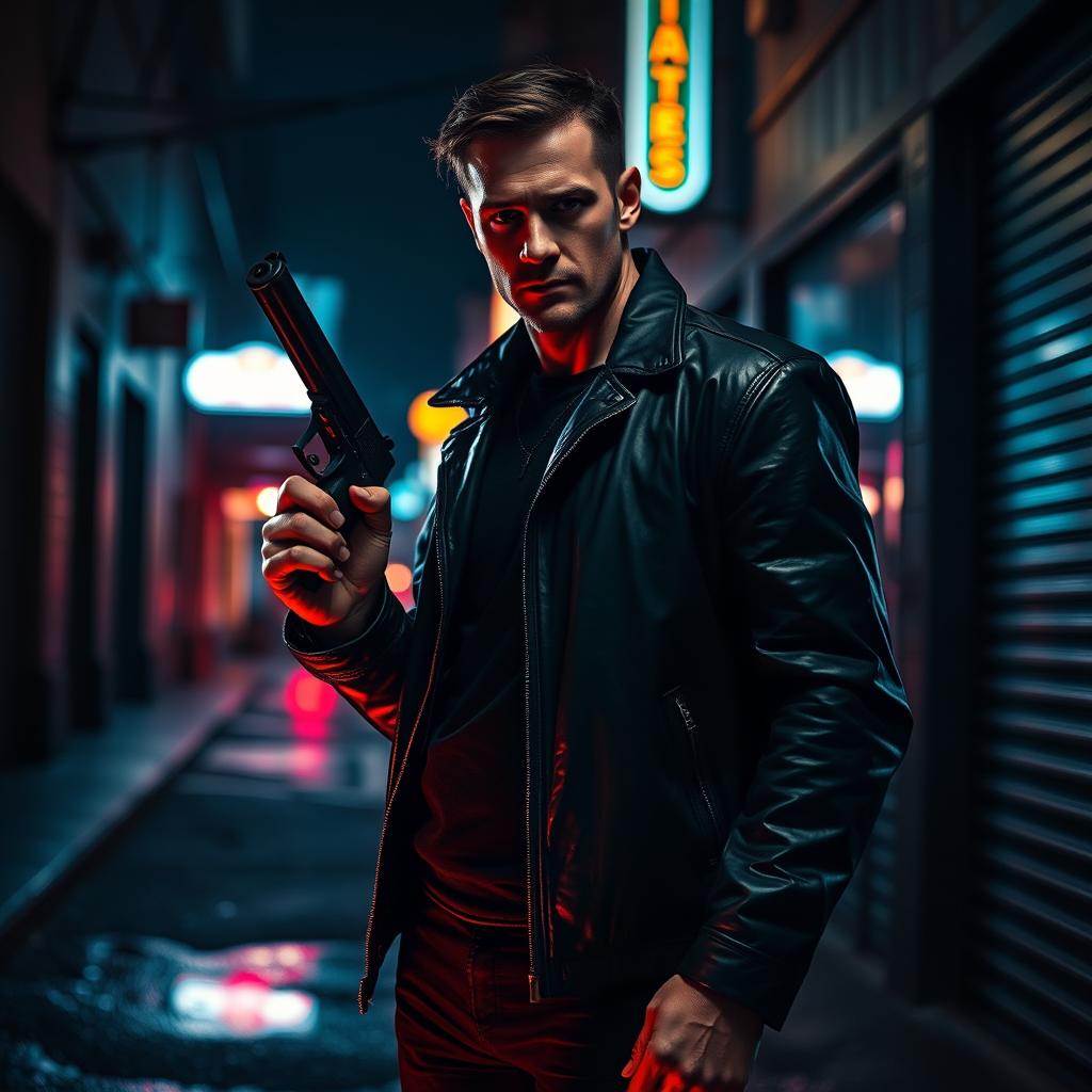 A tall, enigmatic figure standing in a dark alley, holding a sleek black pistol confidently in one hand