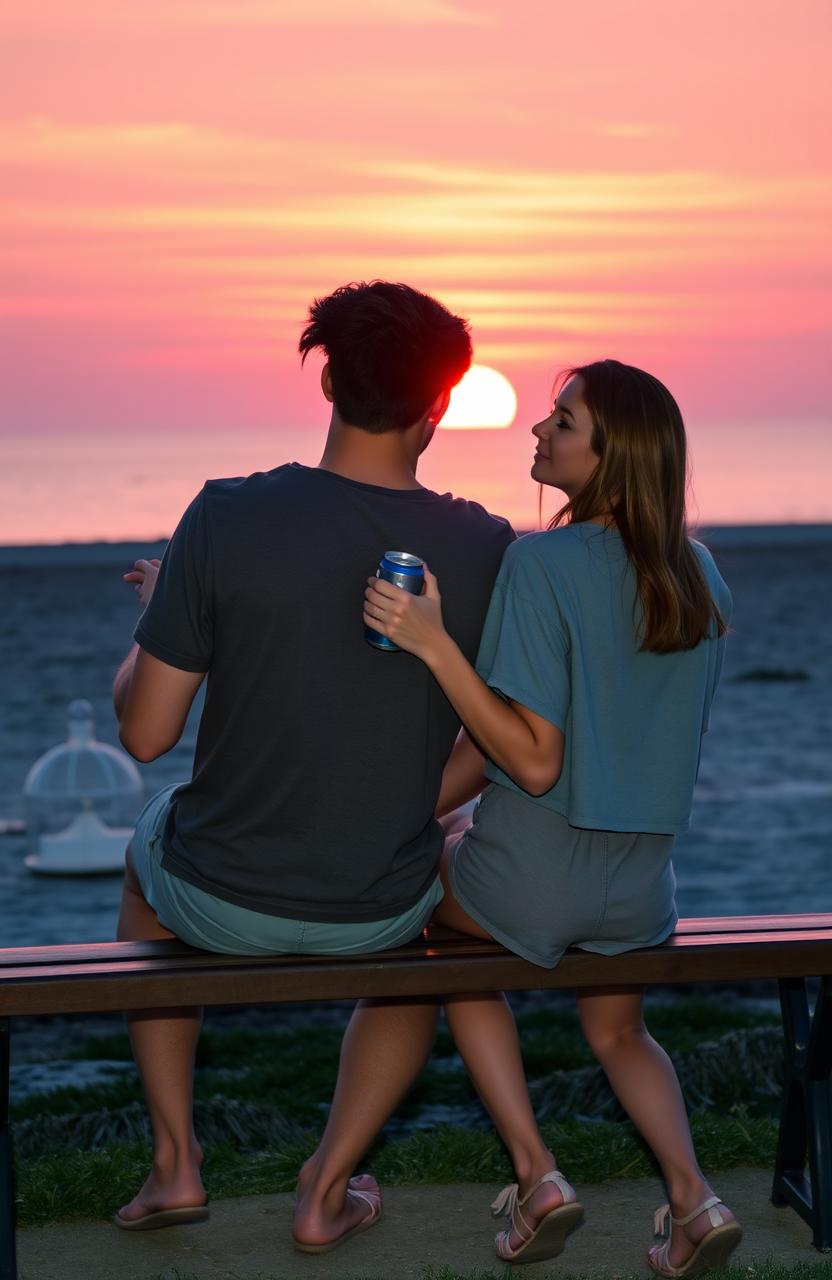 A beautiful high school couple sitting on a bench near the beach, watching the sunrise