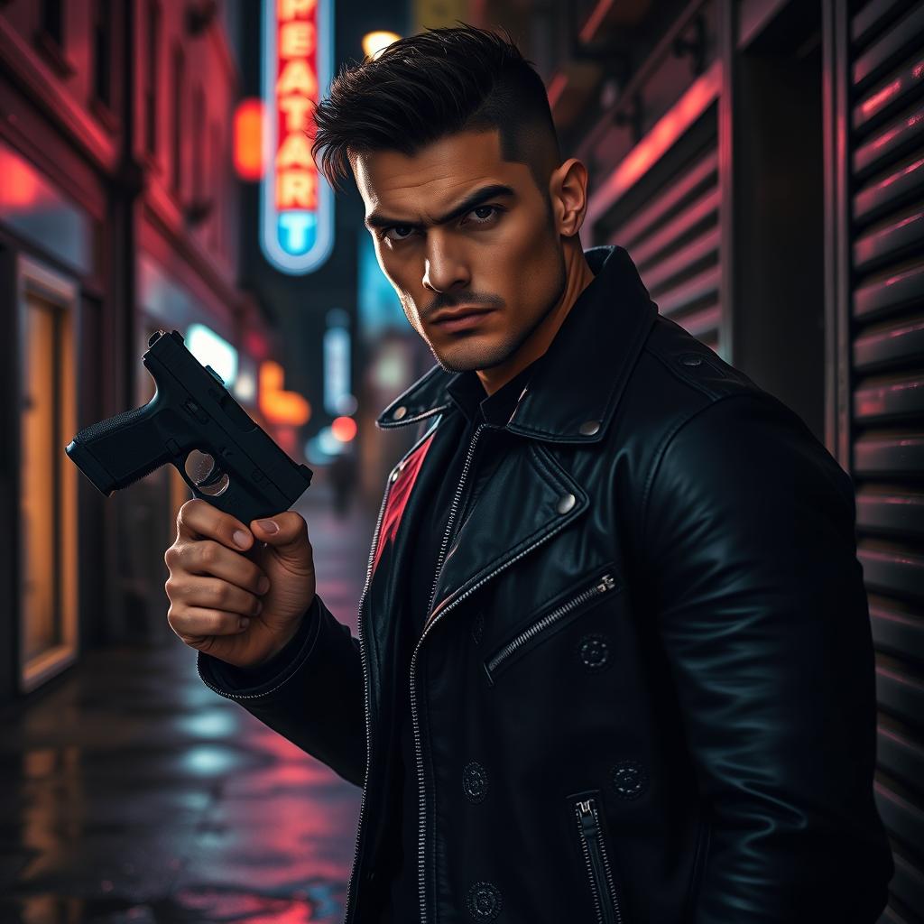 A tall, enigmatic figure standing in a dark alley, holding a sleek black pistol confidently in one hand