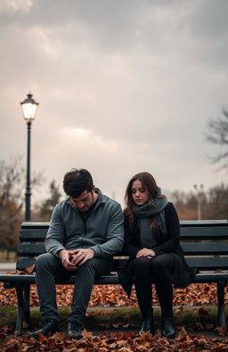 A melancholic couple sitting on a park bench under a cloudy sky, their expressions reflecting sadness and heartache