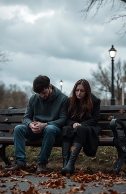A melancholic couple sitting on a park bench under a cloudy sky, their expressions reflecting sadness and heartache