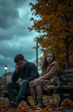 A melancholic couple sitting on a park bench under a cloudy sky, their expressions reflecting sadness and heartache