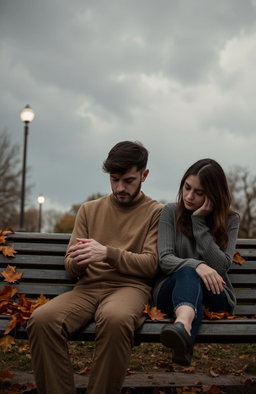 A melancholic couple sitting on a park bench under a cloudy sky, their expressions reflecting sadness and heartache