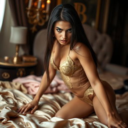 Nineteen-year-old tan Arabic Latina model, petite with long straight dark brunette hair, very skinny with a small bust and small buttocks, wearing elegant gold lingerie